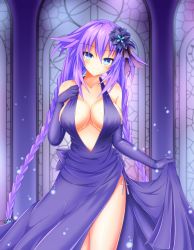Rule 34 | 1girl, absurdres, bare shoulders, blue eyes, blush, braid, breasts, clothes pull, commentary request, dress, dress pull, elbow gloves, flower, gloves, hair flower, hair ornament, highres, indoors, kyou (hibikit), large breasts, long hair, looking at viewer, mosaic pattern, neptune (series), panties, power symbol, power symbol-shaped pupils, purple dress, purple gloves, purple hair, purple heart (goddesses&#039; promise), purple heart (neptunia), side slit, smile, solo, string panties, symbol-shaped pupils, twin braids, twintails, underwear, very long hair