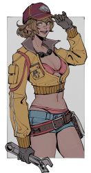 Rule 34 | 1girl, bare legs, baseball cap, belt, bikini, blonde hair, breasts, cidney aurum, cleavage, dirty, dirty face, female focus, final fantasy, final fantasy xv, gloves, goggles, green eyes, hat, highres, jacket, midriff, monkey wrench, oimo (oimkimn), open clothes, open jacket, short hair, short shorts, shorts, solo, square enix, swimsuit, wavy hair, yellow jacket