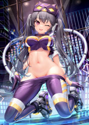 Rule 34 | 1girl, bodysuit, duel monster, gloves, hat, headphones, highres, i:p masquerena, kep (ahokep), latex, latex bodysuit, long hair, long sleeves, looking at viewer, midriff, navel, one eye closed, purple eyes, purple hair, roller skates, skates, solo, thighs, tongue, tongue out, twintails, undressing, very long hair, yu-gi-oh!