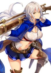 Rule 34 | 10s, 1girl, boots, braid, breasts, brown eyes, cleavage, crop top, granblue fantasy, gun, highres, large breasts, long hair, looking at viewer, midriff, navel, rifle, silva (granblue fantasy), silver hair, skirt, solo, sword, tailcoat, thigh boots, thighhighs, thighs, very long hair, weapon, yoshizawa tsubaki