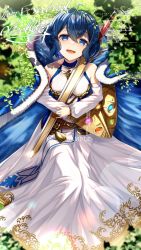 Rule 34 | 1girl, ahoge, blue coat, blue eyes, blue hair, blurry, blurry foreground, breasts, cluseller, coat, collarbone, commentary request, crossed bangs, cursive, day, dress, english text, fire emblem, fire emblem (object), from above, grass, halter dress, halterneck, highres, holding, holding sword, holding weapon, image sample, light blush, long sleeves, long sword, medium breasts, morgan (female) (fire emblem), morgan (fire emblem), nintendo, open mouth, original, outdoors, qr code, sample watermark, shadow, shield, short hair, solo, sword, watermark, weapon