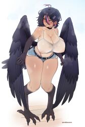 Rule 34 | 1girl, absurdres, animal hands, antenna hair, artist name, bare shoulders, belt, bird legs, bird tail, black belt, black feathers, black wings, blush, breasts, claws, cleavage, commentary, copyright request, curvy, cutoffs, denim, denim shorts, digitigrade, earrings, english commentary, feathered wings, feathers, full body, hair between eyes, half-harpy, highleg, highleg panties, highres, huge breasts, jewelry, long hair, looking to the side, low wings, midriff, minerva (autumnbloom11), monster girl, multicolored hair, navel, original, panties, parted lips, pink hair, pink panties, plump, sandcasks, shiny skin, short shorts, shorts, solo, standing, streaked hair, sweat, tail, talons, tan, tank top, tanline, thick thighs, thighs, underwear, white tank top, wide hips, wings