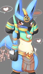 Rule 34 | 1other, blush, closed mouth, commentary request, cowboy shot, creatures (company), furry, game freak, gen 4 pokemon, gold, grey background, heart, highres, lets0020, looking at viewer, lucario, lucario (ruins), midriff, nintendo, orange background, pelvic curtain, poke ball pendant, pokemon, pokemon (creature), pokemon unite, revision, simple background, solo, spoken blush, standing, tail