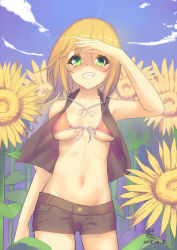 Rule 34 | 1girl, :d, artist name, bare arms, bare shoulders, bikini, bikini top only, black cat ronaldinho, blonde hair, blush, breasts, buttons, cowboy shot, dated, eyelashes, fang, field, flower, flower field, front-tie top, green eyes, grin, groin, hand on forehead, midriff, navel, open clothes, open mouth, open vest, orange bikini, original, ribbon, short hair, short shorts, shorts, sleeveless, smile, solo, stomach, sunflower, sunflower field, swimsuit, underboob, vest, white ribbon
