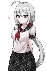 Rule 34 | 1girl, absurdres, ahoge, arms behind back, bad id, bad pixiv id, black skirt, blush, breasts, brown eyes, closed mouth, commentary request, cowboy shot, danganronpa (series), grey hair, grey shirt, hair between eyes, heart, highres, honyang, large breasts, long hair, looking at viewer, neckerchief, pale skin, plaid, plaid skirt, pleated skirt, ponytail, red neckerchief, sailor collar, school uniform, serafuku, shirt, short sleeves, simple background, skirt, smile, solo, sora (super danganronpa another 2), super danganronpa another 2, very long hair, white background