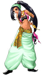 Rule 34 | 1girl, arabian clothes, armband, bandeau, black eyes, black hair, breasts, cleavage, crop top, dark-skinned female, dark skin, full body, groin, hand on own hip, harem outfit, hip focus, jewelry, long hair, medium breasts, midriff, navel, necklace, oil lamp, pants, pointy footwear, ponytail, shoes, smile, solo, tempest (game), the war of genesis, tony taka, vest, zard, zard (tempest)