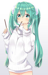 Rule 34 | 1girl, blush, bright pupils, cowboy shot, dress, food, gradient background, green eyes, green hair, hair between eyes, hands up, hatsune miku, holding, holding food, holding pocky, long hair, long sleeves, looking at viewer, matching hair/eyes, mouth hold, naked sweater, natsuo, pocky, pocky day, ribbed sweater, sleeves past wrists, solo, standing, sweater, sweater dress, turtleneck, turtleneck sweater, twintails, very long hair, vocaloid, white background, white sweater