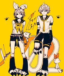 Rule 34 | 3kuma, ahoge, animal feet, arms behind back, bare shoulders, belt, blonde hair, bow, detached sleeves, expressionless, hair bow, hair ornament, hairclip, kagamine len, kagamine rin, knee up, leg warmers, looking at viewer, monochrome, neckerchief, necktie, orange bow, paw print, paw tattoo, sailor collar, sailor shirt, serious, shirt, short sleeves, shorts, sleeveless, sleeveless shirt, standing, stuffed animal, stuffed toy, teddy bear, vocaloid, white bow, yellow background, yellow neckerchief, yellow necktie, yellow theme