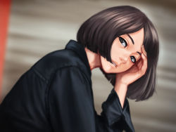 Rule 34 | 1girl, androgynous, black eyes, black hair, black shirt, blurry, blurry background, bob cut, eyelashes, from side, tucking hair, jungon kim, leaning forward, long sleeves, looking at viewer, original, parted lips, shirt, short hair, solo, teeth, upper body