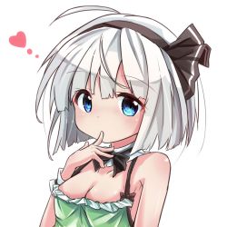 Rule 34 | 1girl, ahoge, alternate costume, bare arms, bare shoulders, blue eyes, blush, bob cut, body blush, bow, bowtie, breasts, camisole, casual, cleavage, contemporary, detached collar, finger to mouth, hairband, heart, highres, konpaku youmu, looking at viewer, low-cut, ryogo, short hair, small breasts, solo, tareme, touhou, white hair, wrist cuffs
