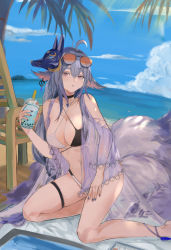 Rule 34 | 1girl, absurdres, ahoge, animal ears, azur lane, bare legs, bare shoulders, beach, beach chair, beach mat, bikini, black bikini, black choker, blue sky, breasts, bubble tea, choker, clothing cutout, cloud, commentary request, criss-cross halter, cup, day, disposable cup, drinking straw, eyewear on head, feet out of frame, fox ears, fox mask, fox tail, hair between eyes, halterneck, hand up, highres, holding, holding cup, kneeling, large breasts, long hair, long sleeves, looking at viewer, mangosuchin, mask, mask on head, multicolored bikini, multicolored clothes, multiple tails, nail polish, navel, outdoors, palm tree, parted lips, purple eyes, purple hair, see-through, shoulder cutout, sky, solo, stomach, sunglasses, swimsuit, tail, thick eyebrows, thigh strap, thighs, tosa (azur lane), tosa (hometown zest) (azur lane), tree, water, white bikini