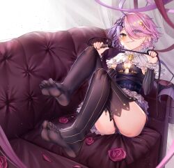 Rule 34 | 1girl, benghuai xueyuan, couch, feet, flower, hair over one eye, highres, honkai (series), light blush, looking at viewer, medium hair, parted lips, petals, pink hair, rose, rose petals, see-through, see-through legwear, sin mal (benghuai xueyuan), smile, soles, toes, whip, yellow eyes