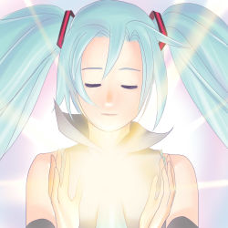 Rule 34 | 1girl, blue hair, calborn, detached sleeves, closed eyes, glowing, hatsune miku, highres, sleeveless, solo, twintails, vocaloid