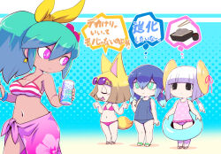 Rule 34 | 4girls, animal ears, aqua eyes, aqua hair, beachhime, bikini, black eyes, blonde hair, blue hair, blunt bangs, blush, breasts, closed eyes, cymbals, doubyoushi, earrings, eyewear on head, fox ears, fox girl, fox tail, high ponytail, holding, instrument, jewelry, kon-tan, long hair, looking back, multicolored hair, multiple girls, navel, nollety, one-piece swimsuit, pink bikini, pink eyes, pink one-piece swimsuit, sandals, sarong, short twintails, standing, star (symbol), star earrings, striped bikini, striped clothes, swimsuit, tail, tan, thought bubble, traditional youkai, translation request, twintails, two-tone hair, white hair, youkai (youkai watch), youkai watch, yuki onna, yukionna (youkai watch)