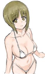 Rule 34 | 1girl, bad id, bad twitter id, bikini, breasts, brown eyes, brown hair, cleavage, girls und panzer, highres, kuppipi ramutarou, large breasts, looking at viewer, navel, nishizumi miho, short hair, solo, swimsuit, white background
