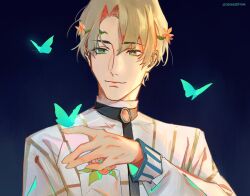 Rule 34 | 1boy, alfred (fire emblem), blonde hair, bug, butterfly, butterfly on hand, closed mouth, d4ggerfish, fire emblem, fire emblem engage, flower, glowing butterfly, green eyes, hair flower, hair ornament, head wreath, highres, insect, long sleeves, nintendo, shirt, short hair, simple background, solo, white shirt