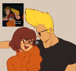 Rule 34 | 1girl, 2boys, absurdres, animification, blonde hair, blush, brown eyes, brown hair, crossover, facial hair, glasses, grey background, highres, johnny bravo, johnny bravo (series), multiple boys, muscular, muscular male, open mouth, photo-referenced, scooby-doo, screenshot inset, shaggy rogers, short hair, simple background, snowcie, stubble, sunglasses, sweatdrop, sweater, turtleneck, turtleneck sweater, velma dace dinkley