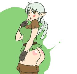 Rule 34 | 1girl, ass, blush, boots, braid, dragon&#039;s crown, elf, elf (dragon&#039;s crown), embarrassed, finger to mouth, gloves, inkerton-kun, no panties, petite, pointy ears, spanked, surprised, tagme, tunic, twin braids