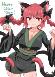 Rule 34 | 1girl, :3, adapted costume, animal ear fluff, animal ears, black bow, black kimono, bow, braid, breasts, cat ears, chups, cleavage, clenched hands, closed mouth, cowboy shot, english text, extra ears, green sash, hair bow, happy new year, highres, japanese clothes, kaenbyou rin, kimono, long sleeves, looking at viewer, medium hair, nail polish, new year, red hair, red nails, sash, side braids, signature, simple background, smile, solo, standing, touhou, twin braids, white background, wide sleeves