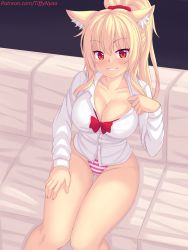 Rule 34 | 1girl, animal ear fluff, animal ears, blonde hair, blush, breasts, cat ears, cat girl, cleavage, collarbone, commentary, english commentary, hair ornament, hair scrunchie, highres, large breasts, long hair, long sleeves, looking at viewer, nottytiffy, original, panties, parted lips, patreon username, ponytail, red eyes, red scrunchie, scrunchie, shirt, sitting, slit pupils, smile, solo, striped clothes, striped panties, thighs, tiffy (nottytiffy), underwear, white shirt