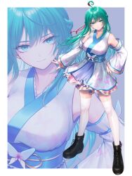 Rule 34 | 1girl, adapted costume, ahoge, black footwear, breasts, commentary request, commission, detached sleeves, full body, green eyes, green hair, grey background, highres, kageharu, long hair, looking at viewer, original, sash, simple background, skeb commission, solo, standing, zoom layer