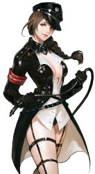Rule 34 | 1girl, absurdres, armband, black gloves, black panties, braid, breasts, brown hair, cleavage, commentary, eyelashes, garter straps, gloves, hair over shoulder, hat, highres, large breasts, lips, long hair, looking at viewer, mabinogi duel, military, military uniform, nessi, no bra, nose, panties, peaked cap, red eyes, revealing clothes, single braid, solo, unbuttoned, unbuttoned shirt, underwear, uniform, whip