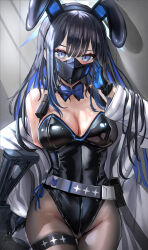 Rule 34 | 1girl, animal ears, bare shoulders, black leotard, blue archive, blue eyes, bow, bowtie, breasts, cleavage, detached collar, fake animal ears, gloves, gluteal fold, gun, halo, harness, highleg, highleg leotard, highres, himonoata, holding, holding gun, holding weapon, jacket, jacket partially removed, large breasts, leotard, long hair, looking at viewer, mask, mouth mask, pantyhose, playboy bunny, rabbit ears, rabbit tail, saori (blue archive), side-tie leotard, sig sauer, solo, strapless, strapless leotard, tail, thigh gap, traditional bowtie, weapon