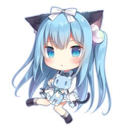 Rule 34 | 1girl, amashiro natsuki, animal ears, bad id, bad pixiv id, black bow, black socks, blue bow, blue bowtie, blue eyes, blue hair, blush, bow, bowtie, cat ears, cat girl, cat tail, chibi, collared shirt, commentary request, frilled skirt, frills, full body, hair between eyes, hair bobbles, hair bow, hair ornament, hugging object, long hair, long sleeves, looking at viewer, original, parted lips, shirt, simple background, skirt, socks, solo, striped bow, striped bowtie, striped clothes, striped neckwear, stuffed animal, stuffed cat, stuffed toy, tail, two side up, very long hair, white background, white bow, white shirt, white sleeves