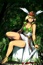 Rule 34 | 1girl, armor, armored dress, blonde hair, breasts, cleavage, collarbone, dress, earrings, feet, forest, green armor, helmet, highres, jewelry, large breasts, legs, long hair, nature, no panties, pubic hair, sandals, shoulder pads, sitting, sword, thighs, twinpoo, valkyrie (vnd), valkyrie no densetsu, weapon, winged helmet