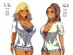 Rule 34 | 2girls, bad anatomy, blonde hair, blue eyes, blush, bra, bracelet, breasts, brown hair, cleavage, collarbone, collared shirt, cowboy shot, cropped legs, dark-skinned female, dark skin, eyelashes, eyeshadow, fingernails, ganguro, gyaru, hierarchie, hori hiraki, huge breasts, impossible clothes, jewelry, large breasts, lips, lipstick, long fingernails, long hair, looking at viewer, looking to the side, makeup, microskirt, miniskirt, multiple girls, nail polish, open clothes, open shirt, parted lips, plaid, pleated skirt, revealing clothes, school uniform, shirt, short sleeves, simple background, skirt, smile, striped bra, striped clothes, tan, translation request, underwear, vertical-striped bra, vertical-striped clothes, white background, white shirt