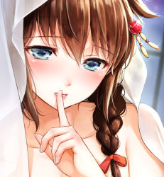 Rule 34 | 10s, 1girl, blanket, blue eyes, blurry, blurry background, blush, braid, brown hair, close-up, collarbone, commentary request, eyelashes, female focus, finger to mouth, fingernails, hair between eyes, hair flaps, hair ornament, hair over shoulder, hair ribbon, hairpin, head tilt, index finger raised, kantai collection, lips, long hair, looking at viewer, pink lips, red ribbon, ribbon, shigure (kancolle), shigure kai ni (kancolle), shushing, single braid, solo, sweat, topless, topless frame, umakuchi shouyu (into-rain), under covers