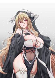 Rule 34 | 1girl, absurdres, azur lane, between breasts, black gloves, blonde hair, breasts, cleavage, cowboy shot, cysicy, fake horns, gloves, grey background, hair between eyes, half gloves, hand on own chest, highres, horns, huge breasts, implacable (azur lane), long hair, nun, pelvic curtain, red eyes, revealing clothes, simple background, solo, thighhighs, veil, very long hair, white horns, white thighhighs