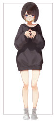 Rule 34 | 1girl, absurdres, bare legs, black sweater, blonde hair, blue eyes, blunt bangs, blush, border, brown hair, buket pudding i, collarbone, colored inner hair, commentary request, dress, full body, glasses, highres, long sleeves, medium hair, multicolored hair, original, outside border, own hands together, parted bangs, parted lips, shoes, simple background, sneakers, solo, standing, sweater, sweater dress, white background, white border, white footwear
