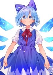 Rule 34 | 1girl, akagashi hagane, blouse, blue bow, blue dress, blue eyes, blue hair, blush, bow, cirno, clenched hands, closed mouth, collared shirt, commentary, doyagao, dress, dress shirt, hair between eyes, hair bow, ice, ice wings, lens flare, neck ribbon, puffy short sleeves, puffy sleeves, rainbow gradient, red ribbon, ribbon, shirt, short hair, short sleeves, simple background, smug, solo, touhou, v-shaped eyebrows, white background, white shirt, wing collar, wings