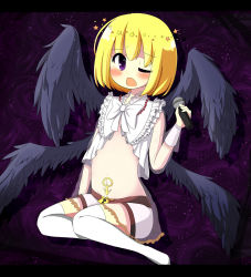 Rule 34 | 1boy, alternate costume, beatmania, beatmania iidx, blonde hair, blush, halo, highres, male focus, mars symbol, microphone, midriff, multiple wings, navel, one eye closed, open mouth, rche (beatmania), rensei, short hair, shorts, solo, star (symbol), thighhighs, trap, white thighhighs, wings, wink