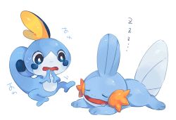 Rule 34 | bad id, bad pixiv id, blue eyes, commentary request, creatures (company), drooling, closed eyes, game freak, gen 3 pokemon, gen 8 pokemon, hideko (l33l3b), highres, looking at another, lying, mudkip, nintendo, no humans, on stomach, open mouth, pokemon, pokemon (creature), sleeping, sobble, sweat, tail, tongue, zzz