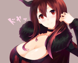Rule 34 | 10s, 1girl, bad id, bad pixiv id, breasts, choker, cleavage, female focus, haori io, horns, huge breasts, iori (cpeilad), long hair, looking at viewer, maou (maoyuu), maoyuu maou yuusha, red eyes, red hair, simple background, smile, solo, text focus, translated