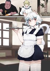 Rule 34 | 1girl, 2boys, aioi u, alternate costume, animal ears, black dress, black hair, blush, cat ears, cat tail, colored skin, cowboy shot, dress, eating, enmaided, food, green hair, highres, hunter x hunter, maid, menthuthuyoupi, multiple boys, neckerchief, neferpitou, plant, plate, potted plant, red skin, shaiapouf, short hair, short sleeves, standing, sweatdrop, tail, thighhighs, tray, white hair, white neckerchief, white thighhighs