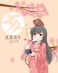Rule 34 | 1girl, 2019, animal, asashio (kancolle), black hair, blue eyes, blush, boar, bowl, cherry blossom print, cherry blossoms, chinese zodiac, chopsticks, eating, flat chest, floral print, food, hair between eyes, happy new year, holding, holding food, japanese clothes, kantai collection, kimono, long hair, long sleeves, looking at viewer, mochi, new year, obi, on head, pink background, pink kimono, plate, sash, shirou (amato shirou), text focus, warthog, wide sleeves, year of the pig