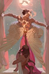 Rule 34 | 1boy, 1girl, absurdres, angel wings, artist name, awanqi, barefoot, cupid, curtains, feathered wings, from behind, greek mythology, highres, long hair, psyche, topless male, short hair, white wings, window, wings