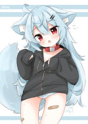 Rule 34 | 1girl, absurdres, ahoge, animal ear fluff, animal ears, bad id, bad pixiv id, bandaid, bandaid on leg, black jacket, blue background, blue hair, blush, borrowed character, collar, collarbone, commentary request, fang, flying sweatdrops, gluteal fold, hair between eyes, hair ornament, hairclip, head tilt, highres, hood, hood down, hooded jacket, jacket, long sleeves, minato yu (0514), open mouth, original, panties, red collar, red eyes, rir-chan, sleeves past wrists, solo, striped clothes, striped panties, sweat, tail, two-tone background, underwear, white background, wolf ears, wolf girl, wolf tail