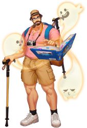Rule 34 | 1boy, bara, beard, black-framed eyewear, blue eyes, book, brown hair, brown shorts, bulge, casual, chest hair, contemporary, facial hair, floating, floating object, full body, ghost, grimoire, gyee, hair slicked back, hat, highres, large pectorals, leg hair, male focus, mature male, muscular, muscular male, navel, official alternate costume, official art, pectoral cleavage, pectorals, pink shirt, pipe in mouth, shirt, shoes, short hair, shorts, smoking pipe, sneakers, solo, transparent background, v-neck, vundo (gyee)