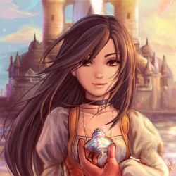 Rule 34 | 1girl, black hair, brown eyes, castle, choker, final fantasy, final fantasy ix, garnet til alexandros xvii, holding, jewelry, long hair, looking at viewer, necklace, signature, sky, smile, solo, third-party source