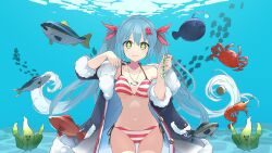 Rule 34 | + +, 1girl, anglerfish, bikini, black coat, blue eyes, blue hair, breasts, breasts apart, closed mouth, coat, collarbone, commentary, cowboy shot, crab, fish, fish pendant, hair ornament, halterneck, hands up, hatsune miku, highres, holding, holding plant, jack (fish), japanese amberjack, jewelry, long hair, looking at viewer, medium breasts, navel, official art, open clothes, open coat, pendant, plant, sake-meron, seaweed, shrimp, side-tie bikini bottom, single bare shoulder, smile, solo, strap lift, string bikini, striped bikini, striped clothes, swimsuit, twintails, umi no searchlight (vocaloid), underwater, variant set, very long hair, vocaloid, yuki miku, yuki miku (2022)