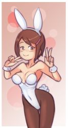 Rule 34 | 1girl, absurdres, animal ears, blush, breasts, brown eyes, brown hair, bubble background, cleavage, collarbone, digimon, digimon adventure, double v, drantyno, fake animal ears, hair ornament, hairclip, highres, leotard, looking at viewer, medium breasts, pantyhose, pink background, playboy bunny, rabbit ears, rabbit tail, short hair, smile, solo, standing, tail, v, white leotard, wrist cuffs, yagami hikari