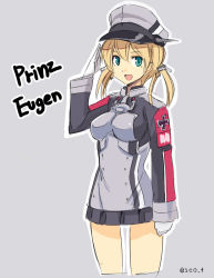 Rule 34 | 10s, 1girl, :d, aqua eyes, black skirt, blonde hair, character name, cowboy shot, cross, female focus, gloves, hair ornament, hair ribbon, hat, iron cross, kantai collection, long hair, long sleeves, looking at viewer, microskirt, military, military uniform, open mouth, outline, peaked cap, pleated skirt, prinz eugen (kancolle), ribbon, salute, seo tatsuya, silver background, simple background, skirt, smile, solo, twintails, twitter username, uniform, white gloves