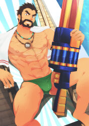 Rule 34 | 1boy, abs, beard, black hair, bulge, chest hair, day, facial hair, graves (league of legends), green male swimwear, holding, holding water gun, jewelry, league of legends, looking at viewer, male focus, male swimwear, navel, necklace, nipples, official alternate costume, outdoors, pool party graves, short hair, smile, solo, sudo (sudo kurokawa), towel, towel around neck, water gun