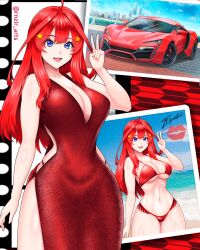 Rule 34 | 1girl, blue eyes, breasts, car, cleavage, cocktail dress, cowlick, dress, fast &amp; furious, formal, furious 7, go-toubun no hanayome, hair ornament, imrinzlergtz art, large breasts, looking at viewer, motor vehicle, nakano itsuki, red dress, red hair, solo, sports car, star (symbol), star hair ornament, the fast and the furious, v, w motors, w motors lykan hypersport