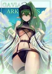 Rule 34 | 1girl, absurdres, ahoge, alternate hairstyle, arknights, bare shoulders, bielin, breasts, character name, cloud, commentary, copyright name, cowboy shot, crop top, gavial (arknights), green hair, groin, hair between eyes, hand up, highres, long hair, looking at viewer, medium breasts, midriff, navel, official alternate costume, outdoors, pointy ears, ponytail, sidelocks, sleeveless, smile, solo, standing, stomach, thigh strap, thighs, visor cap, yellow eyes