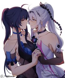 Rule 34 | 2girls, ahoge, bare shoulders, black choker, black dress, black flower, black headwear, blue choker, breasts, choker, closed mouth, commentary, commission, detached sleeves, dress, english commentary, flower, hand on another&#039;s back, high ponytail, highres, holding hands, honkai (series), honkai impact 3rd, imminent kiss, interlocked fingers, kiana kaslana, kiana kaslana (herrscher of finality), light blush, looking at another, medium breasts, multiple girls, neck, ponytail, purple nails, raiden mei, second-party source, strapless, strapless dress, tapeanna, twitter username, upper body, white dress, white hair, yuri